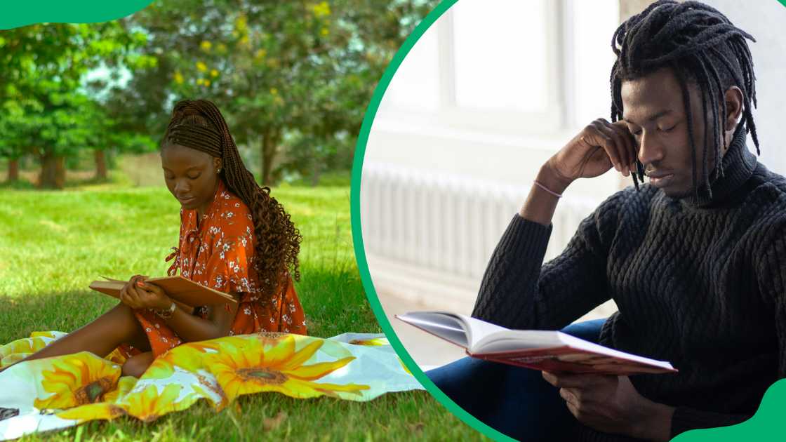A lady in a floral dress reading on a grass lawn and a pensive man in dreadlocks reading a book indoors A lady in a floral dress reading on a grass lawn and a pensive man in dreadlocks reading a book indoors