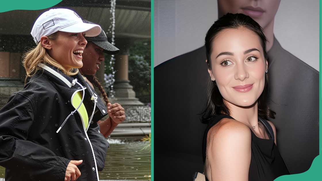 Kate Mackz running at Central Park, New York (L). The running influencer posing in a black dress (R) Kate Mackz running at Central Park, New York (L). The running influencer posing in a black dress (R)
