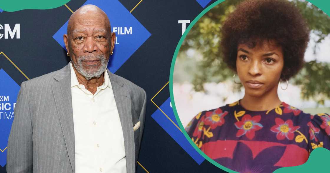 Morgan Freeman, in a grey suit, poses on the red carpet (L). His former wife, Jeanette Adair Bradshaw, is pictured in a vintage floral outfit (R).