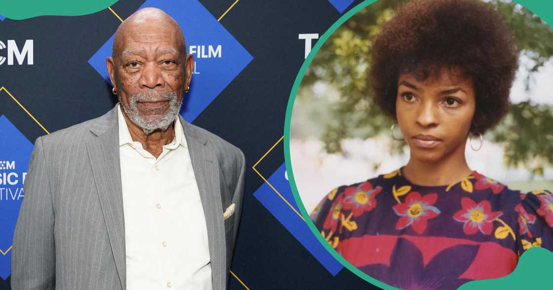 Morgan Freeman, in a grey suit, poses on the red carpet (L). His former wife, Jeanette Adair Bradshaw, is pictured in a vintage floral outfit (R). Morgan Freeman, in a grey suit, poses on the red carpet (L). His former wife, Jeanette Adair Bradshaw, is pictured in a vintage floral outfit (R).