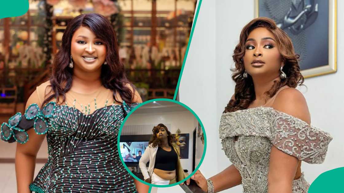 Actress Etinosa shows off her potbelly. Actress Etinosa shows off her potbelly.