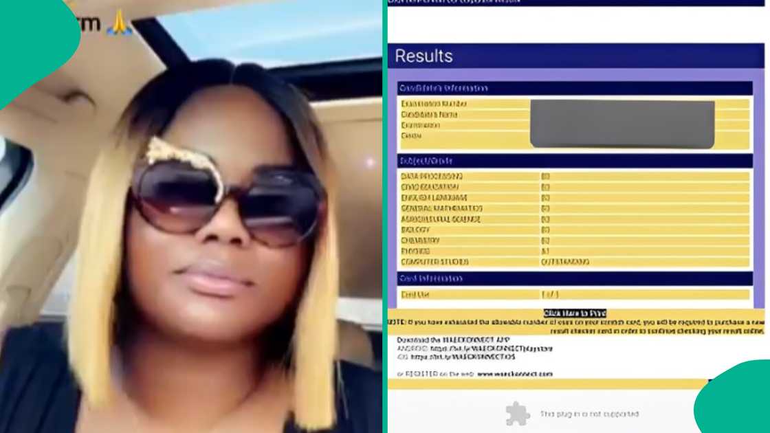 Lady shares her nephew's WAEC result on social media. Lady shares her nephew's WAEC result on social media.