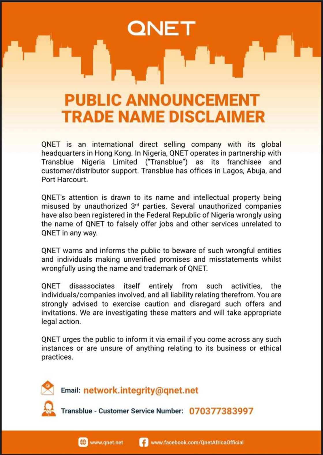 QNET Offers Public Announcement of Trade Name Disclaimer