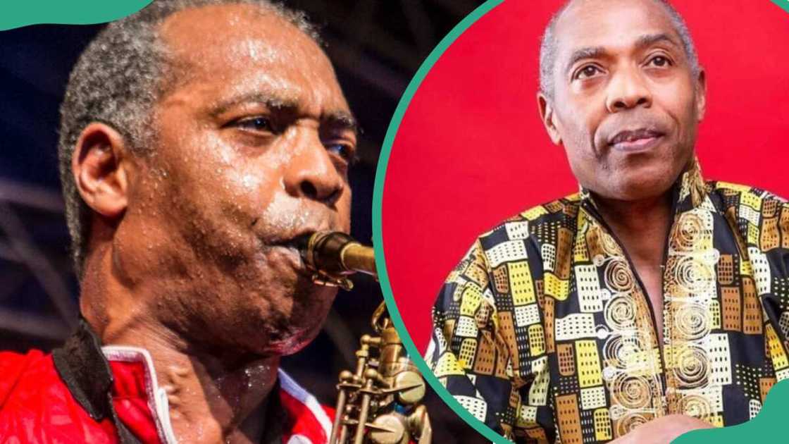 Femi standing on a stage (L). The Nigerian musician's ornate black and gold shirt (R) Femi standing on a stage (L). The Nigerian musician's ornate black and gold shirt (R)