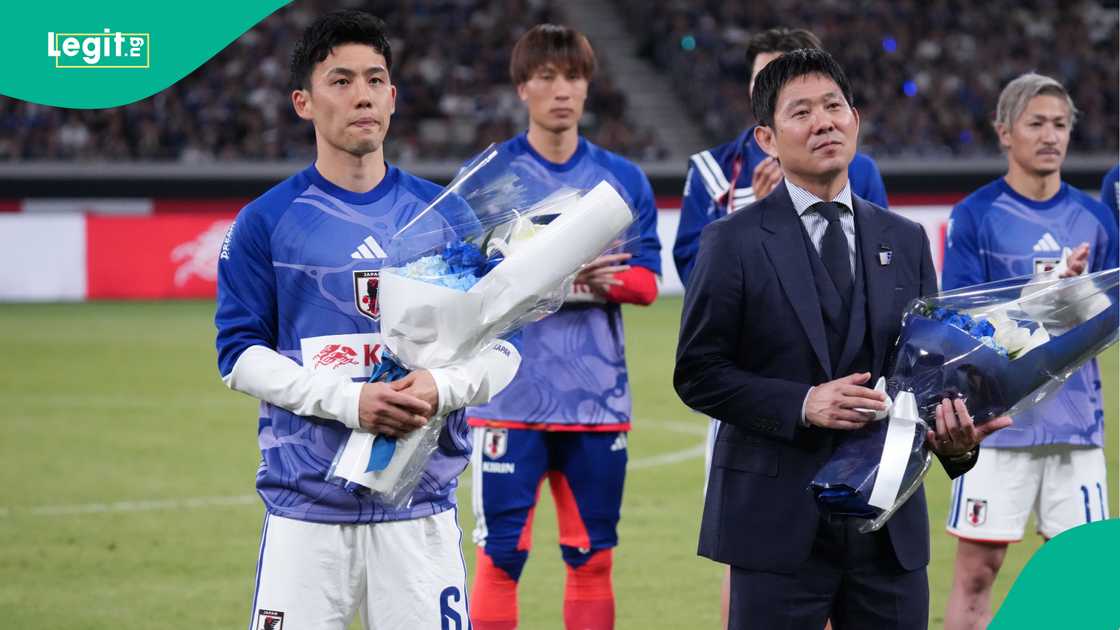 Wataru Endo and coach of Japan Hajime Moriyasu after international friendly. Photo by Hiroki Watanabe Wataru Endo and coach of Japan Hajime Moriyasu after international friendly. Photo by Hiroki Watanabe