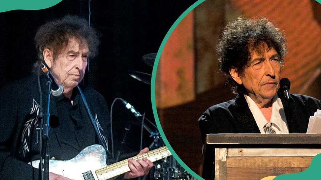 Bob Dylan performing on stage and giving a speech Bob Dylan performing on stage and giving a speech