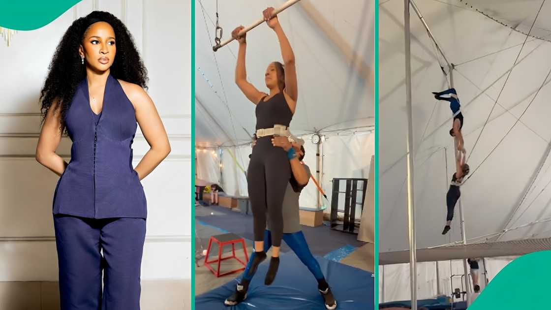 Actress Adesua Etomi shares video of herself in a large training tent. Actress Adesua Etomi shares video of herself in a large training tent.