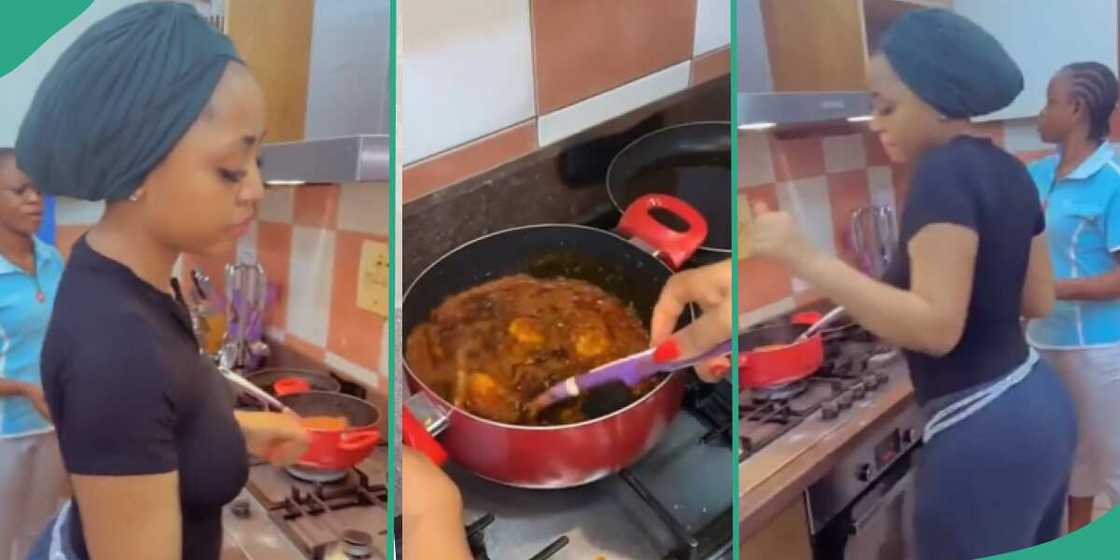 Regina Daniels cooks spaghetti with maid and stepdaughter.