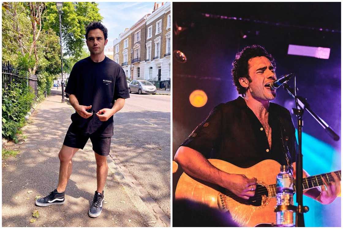 Singer Toby Sebastian posing for a picture by the roadside (L). The singer performs at a past concert (R)