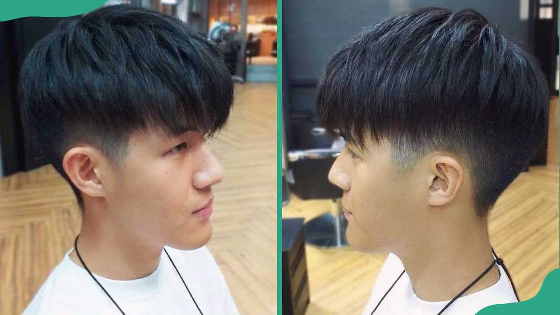 A man shows off sideview of texture bowl cut