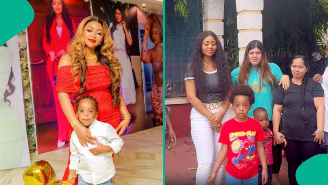 Regina Daniels' son smacks nannies during 'just gimme my money' challenge.