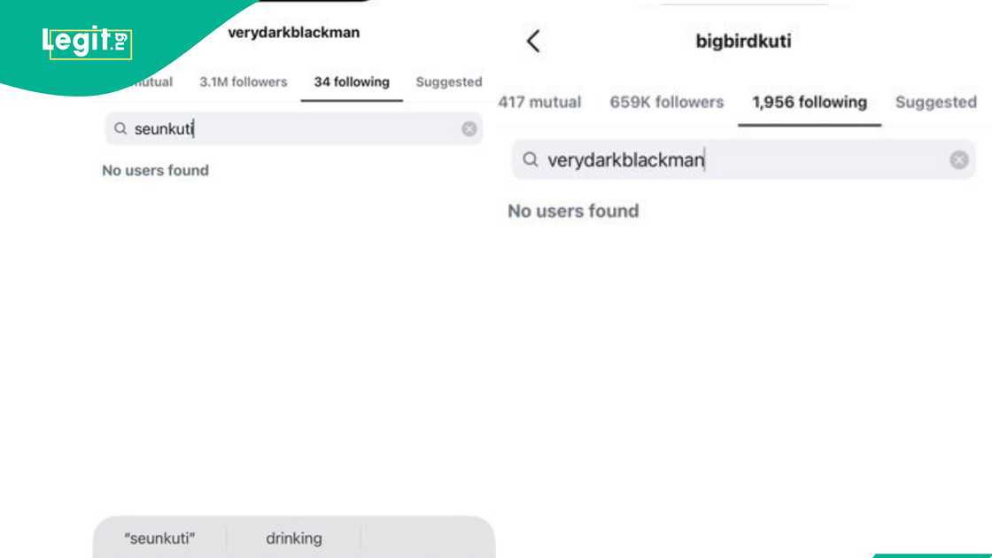 Seun Kuti and VeryDarkMan's Instagram pages show they are no longer following one another.