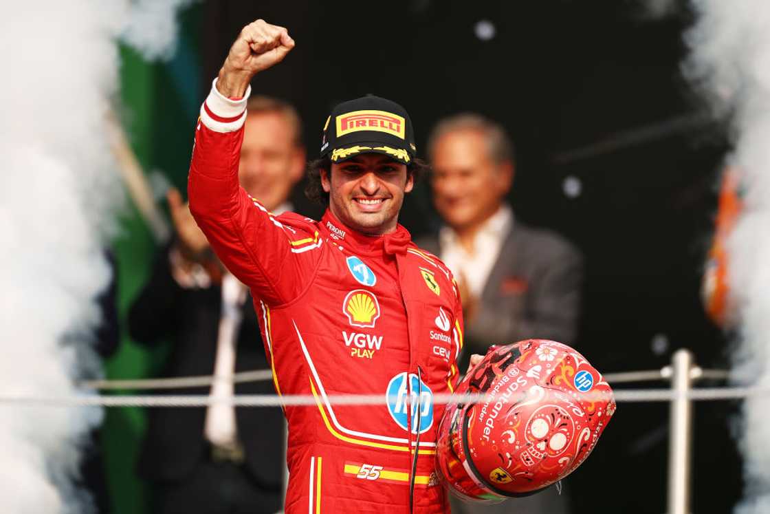 Carlos Sainz celebrates on the podium after the F1 Grand Prix of Mexico Carlos Sainz celebrates on the podium after the F1 Grand Prix of Mexico