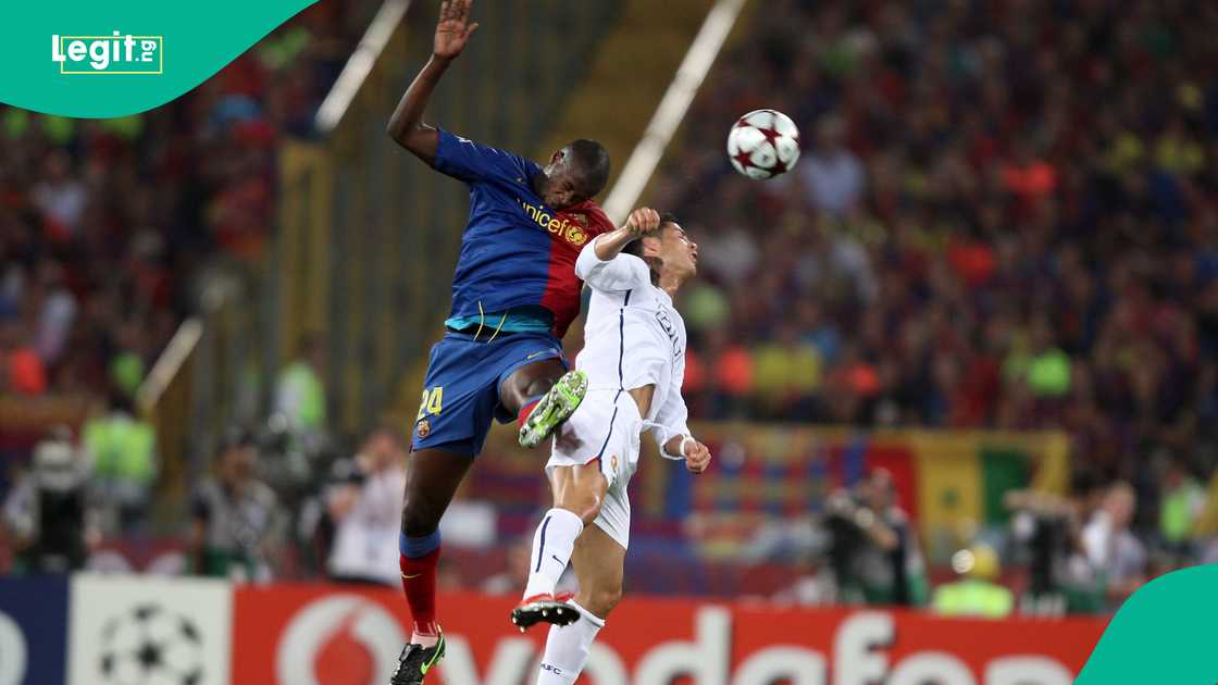 Yaya Toure and Cristiano Ronaldo on the air during the 2008/09 UEFA Champions League final in Rome. Yaya Toure and Cristiano Ronaldo on the air during the 2008/09 UEFA Champions League final in Rome.