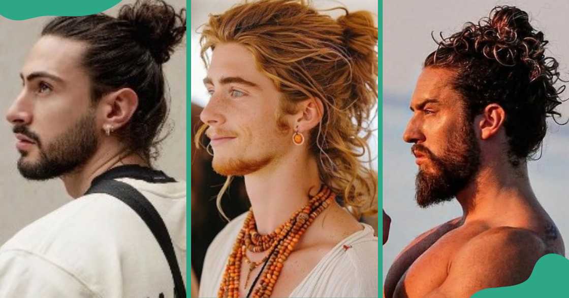 Slicked-back or messy buns for men’s curly hair. Slicked-back or messy buns for men’s curly hair.