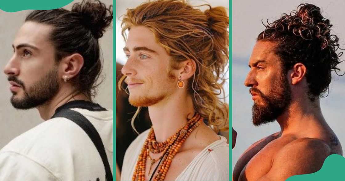 Slicked-back or messy buns for men’s curly hair.