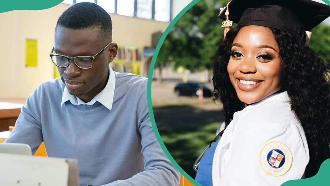 A young guy browsing a laptop during a lesson in university (L), a smiling young lady at her graduation(R) A young guy browsing a laptop during a lesson in university (L), a smiling young lady at her graduation(R)