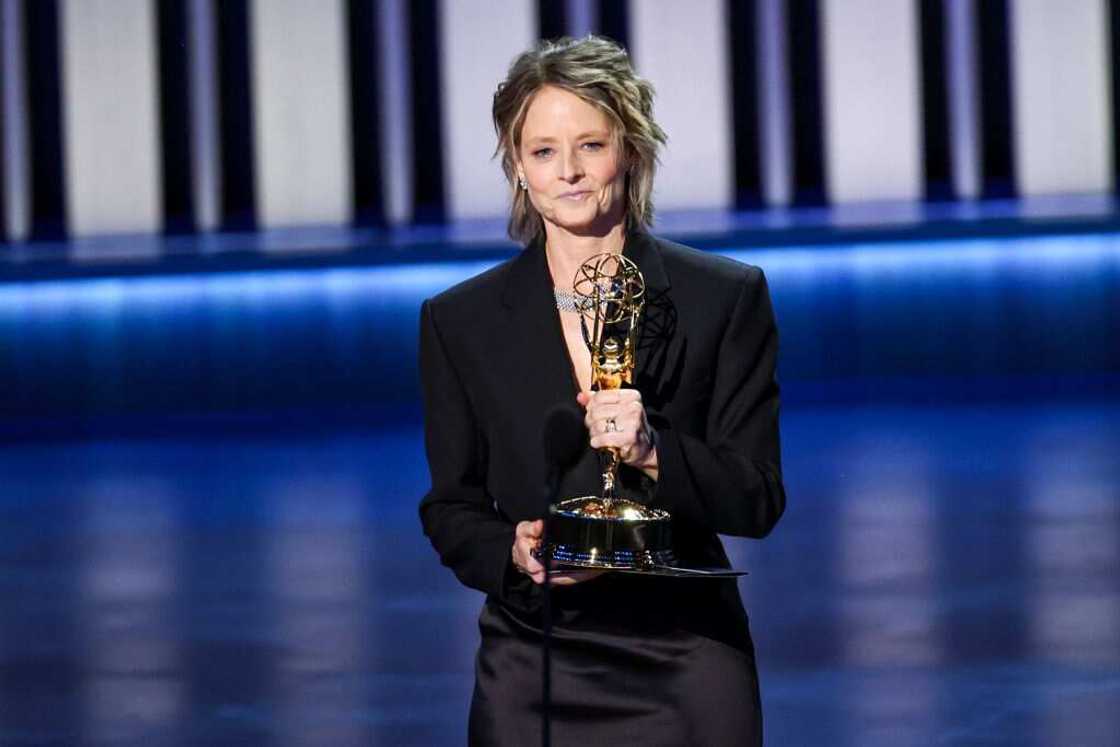 Actress Jodie Foster receiving an Emmy Award in 2024 Actress Jodie Foster receiving an Emmy Award in 2024