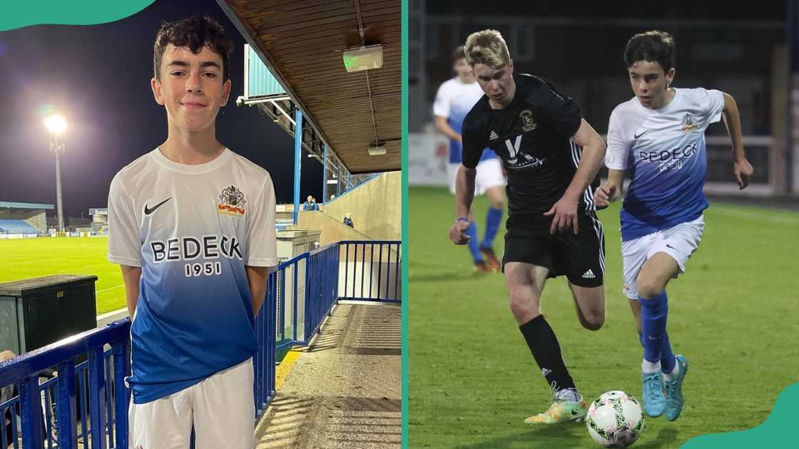 Christopher Atherton poses for a photo (L). The player in action for his football club (R) Christopher Atherton poses for a photo (L). The player in action for his football club (R)