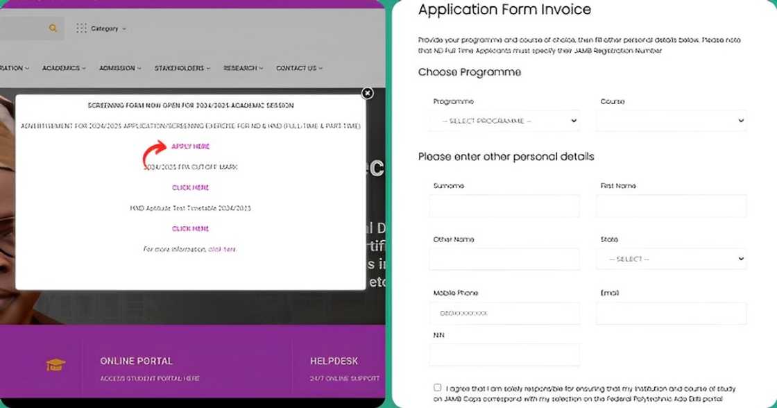 Screenshots of the Federal Polytechnic Ado Ekiti post-UTME screening application website. Screenshots of the Federal Polytechnic Ado Ekiti post-UTME screening application website.