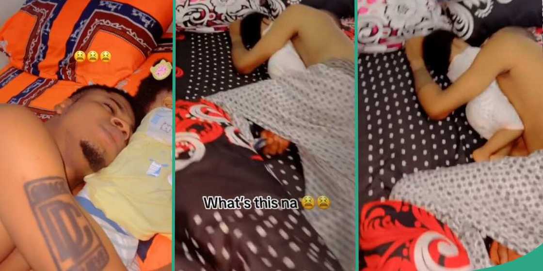 Husband, little daughter, bed, sleeping Husband, little daughter, bed, sleeping