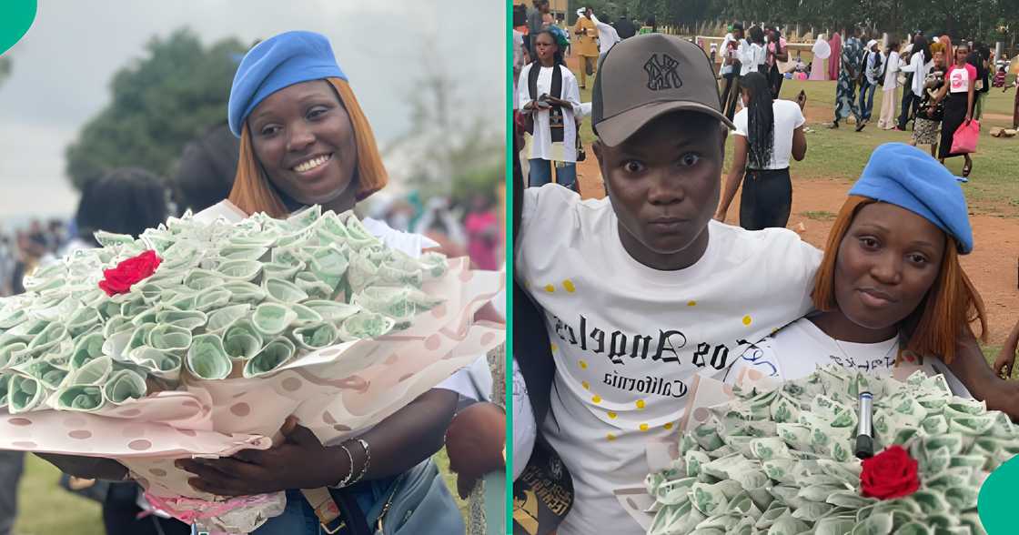 A lady prostrates to honour younger brother on her sign out day A lady prostrates to honour younger brother on her sign out day