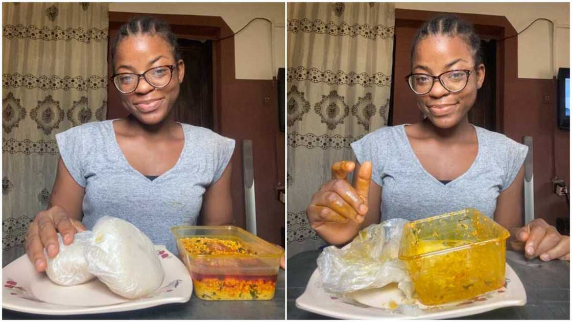 Nigerian lady finishes 2 big wraps of fufu with full plate of eguisi soup, photos spark reactiions Nigerian lady finishes 2 big wraps of fufu with full plate of eguisi soup, photos spark reactiions