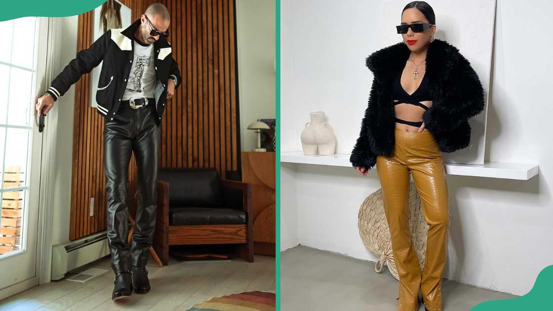 A man and lady in leather trousers A man and lady in leather trousers