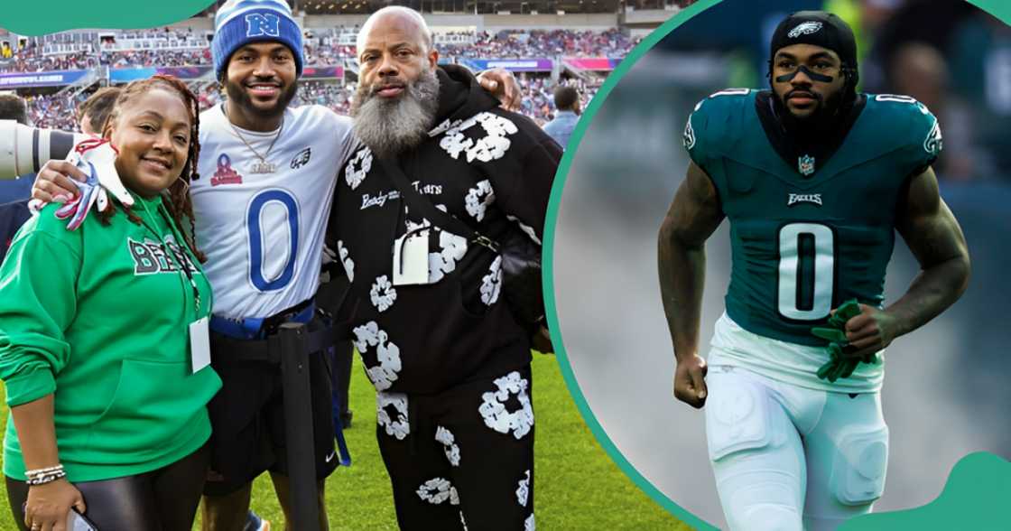 D'Andre Swift’s dad and mom pose with him in a white kit on a football field (L). D'Andre runs onto the field before a match wearing a green and white kit (R).