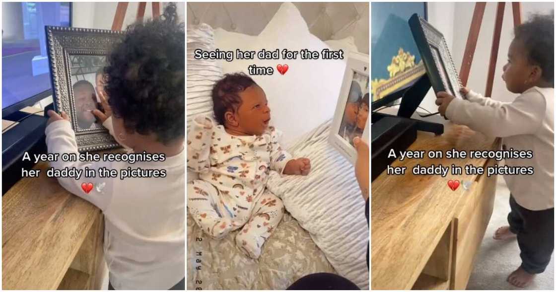 Deceased dad, kid, funny kids videos, baby sees picture of deceassed dad