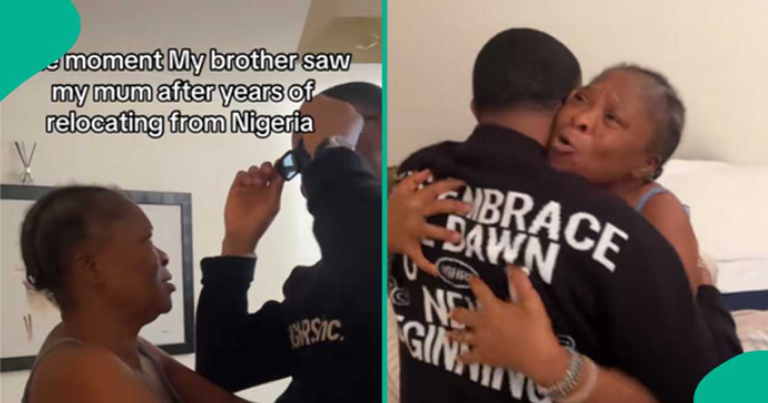 Man sees his mother again after many years of living abroad. Man sees his mother again after many years of living abroad.