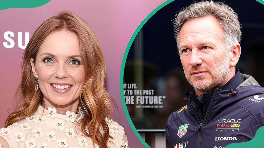 Geri Horner pose at the Glamour Women of The Year Awards 2023 (L). Christian Horner looks on during Red Bull team qualifying at Silverstone Circuit (R)