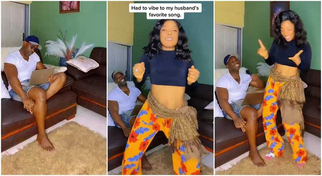 Photos of a woman dancing in the front of her husband. Photos of a woman dancing in the front of her husband.