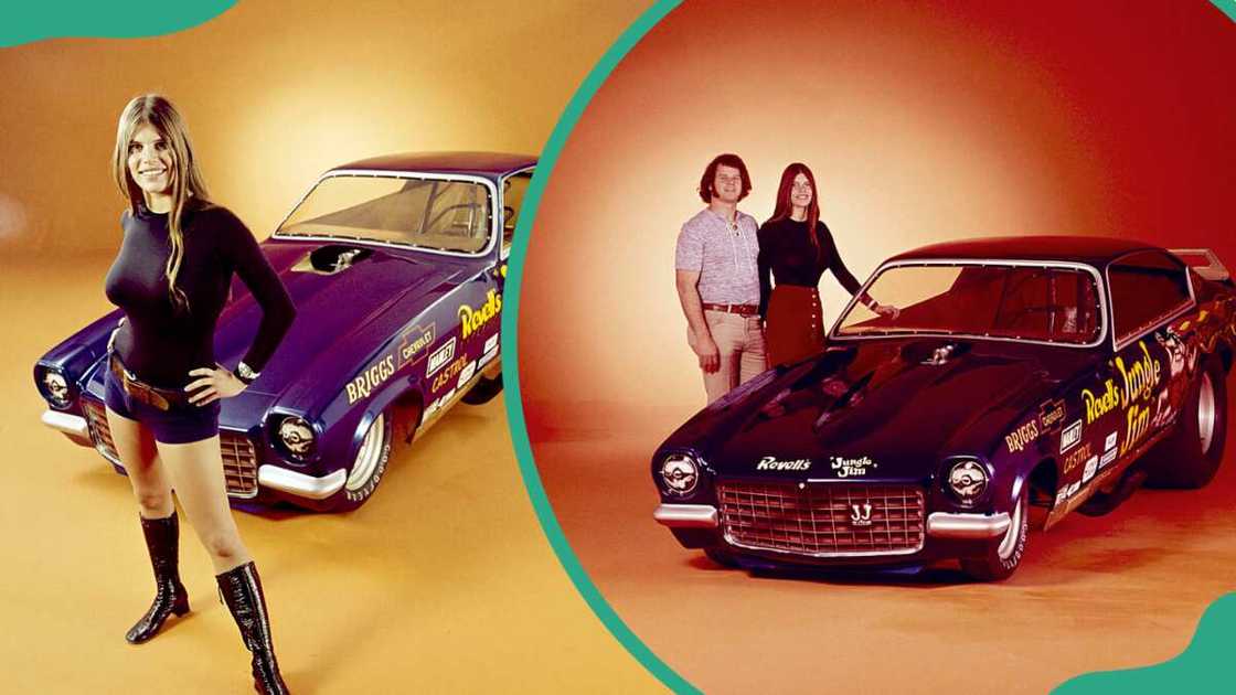 Jungle Pam posing for a photo in front of a racing car (L) Jim Liberman and Jungle Pam posing for a photo standing beside their racing car (R) Jungle Pam posing for a photo in front of a racing car (L) Jim Liberman and Jungle Pam posing for a photo standing beside their racing car (R)