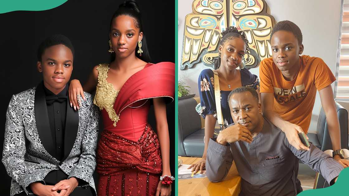 Muna and Koki posing for a photo (L). Charles Anazodo and his kids posing in an office (R)