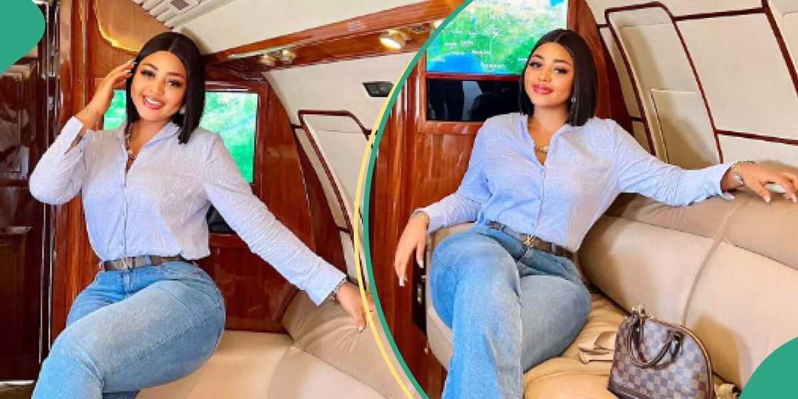 Regina Daniels shows off wealth with pictures on private jet. Regina Daniels shows off wealth with pictures on private jet.