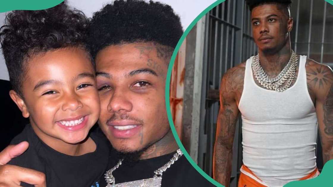 Javaughn J. Porter and his father hugging (L). Blueface posing in a white vest (R) Javaughn J. Porter and his father hugging (L). Blueface posing in a white vest (R)
