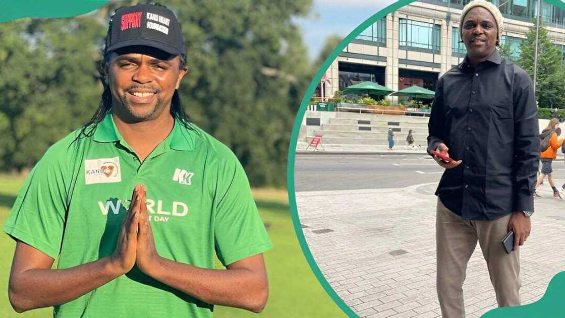 Nigerian Former footballer Nwankwo Kano at a heart disease fundraising event (L). Kano standing in a parking lot (R)