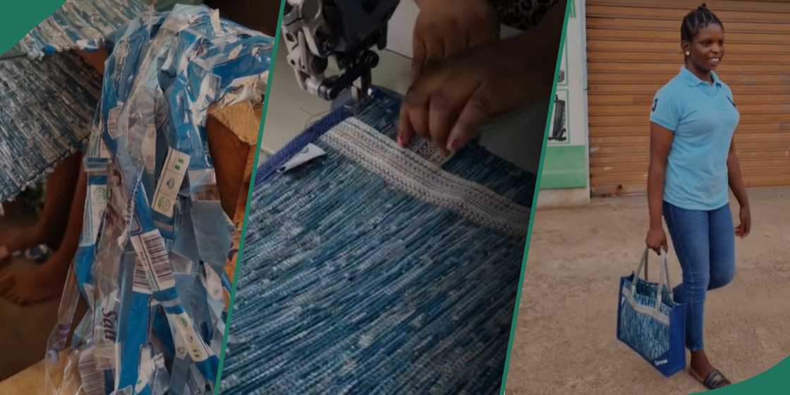 Lady creates bags with empty sachets of salt