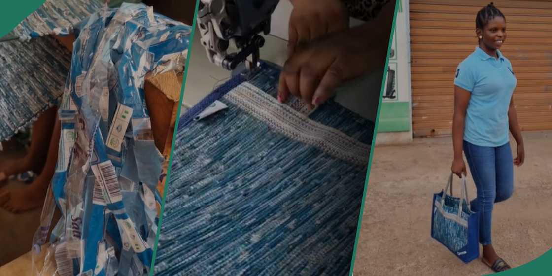 Lady creates bags with empty sachets of salt Lady creates bags with empty sachets of salt