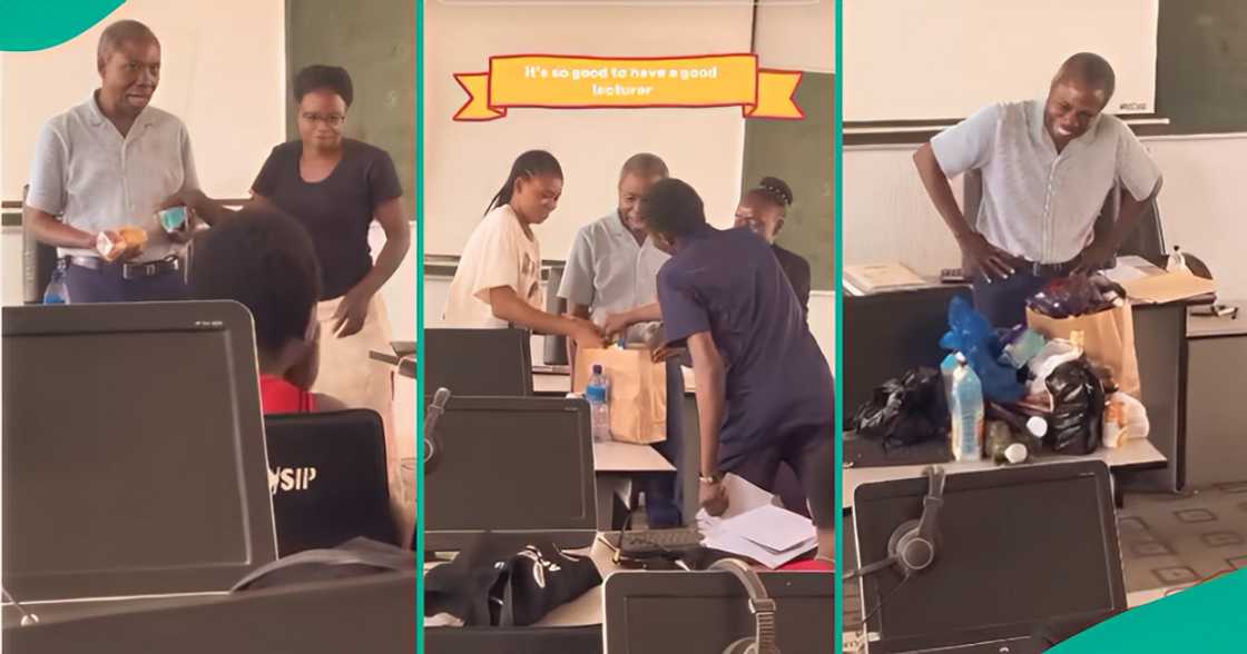 OAU students surprise lecturer with gifts in front of class.