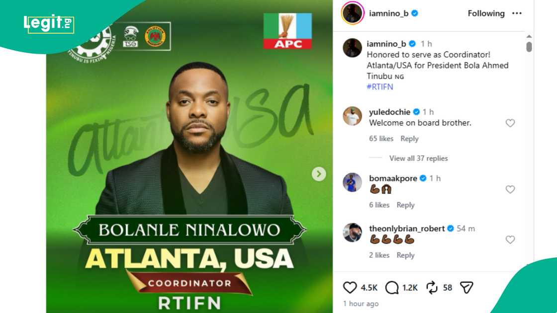 Nollywood actor Bolanle Ninalow shares poster showing his new appointment in Tinubu's support group.