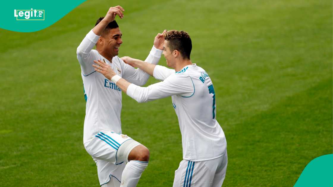 Cristiano Ronaldo celebrates with Casemiro after scoring for Real Madrid against Eibar in 2018. Photo by TF-Images