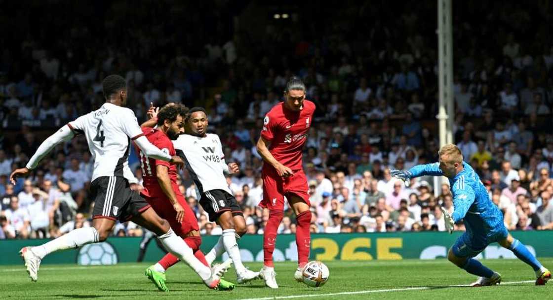 Mohamed Salah (2nd L) equalises for Liverpool in a Premier League draw at Fulham on August 6, 2022. Mohamed Salah (2nd L) equalises for Liverpool in a Premier League draw at Fulham on August 6, 2022.