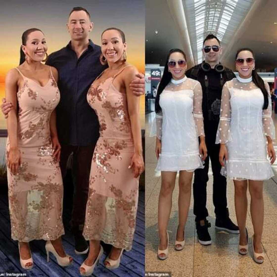 Kyawawan tagwaye mata sun kafe a kan a kyalesu su auri miji guda, hoto Kyawawan tagwaye mata sun kafe a kan a kyalesu su auri miji guda, hoto