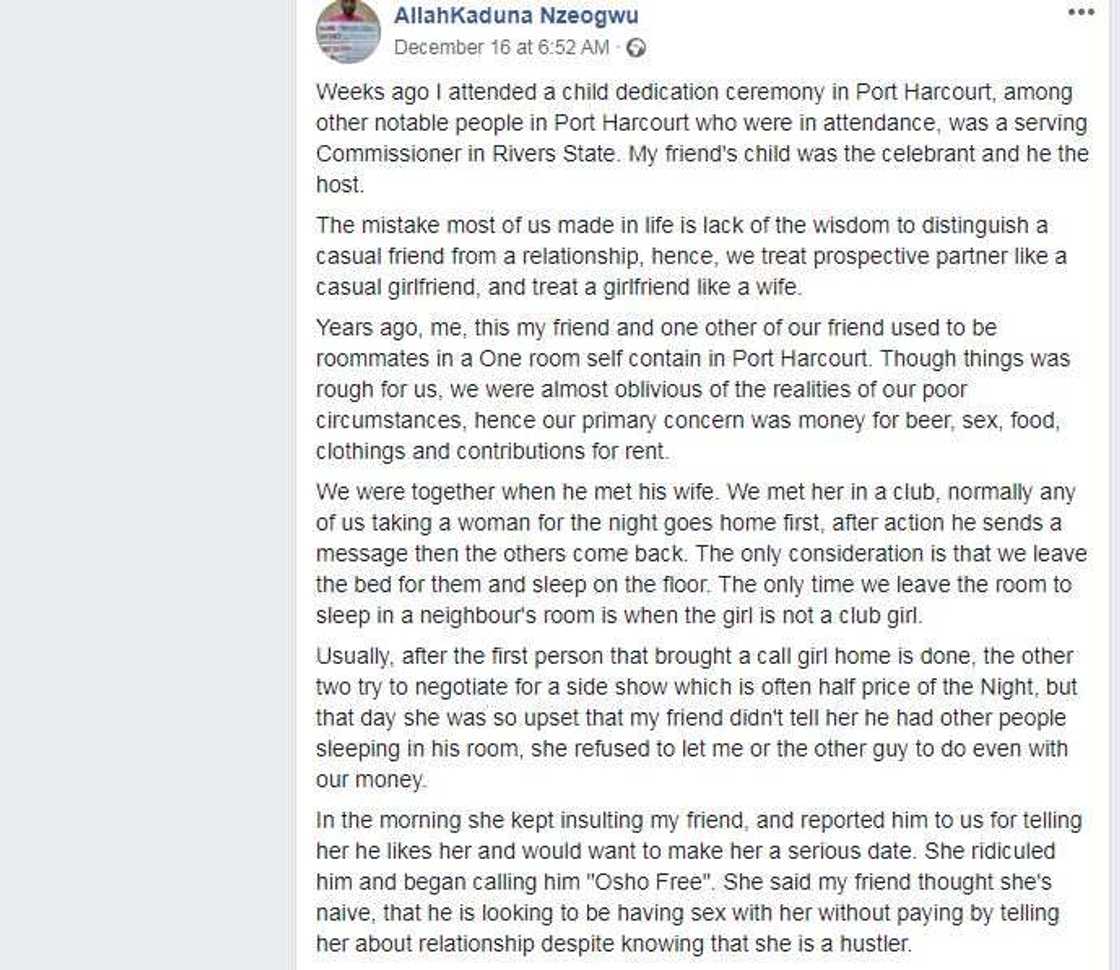 Nigerian man narrates how a call girl changed his life and that of his friends Nigerian man narrates how a call girl changed his life and that of his friends