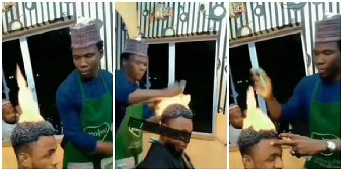 Barber gives his customer an interesting fire therapy Barber gives his customer an interesting fire therapy