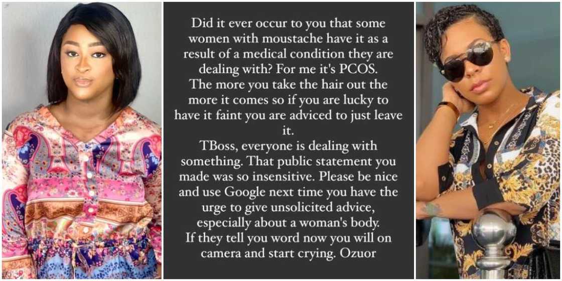 If We Talk Now, You Will Start Crying: Actress Etinosa Blasts Tboss for Body Shaming Women With Moustache If We Talk Now, You Will Start Crying: Actress Etinosa Blasts Tboss for Body Shaming Women With Moustache