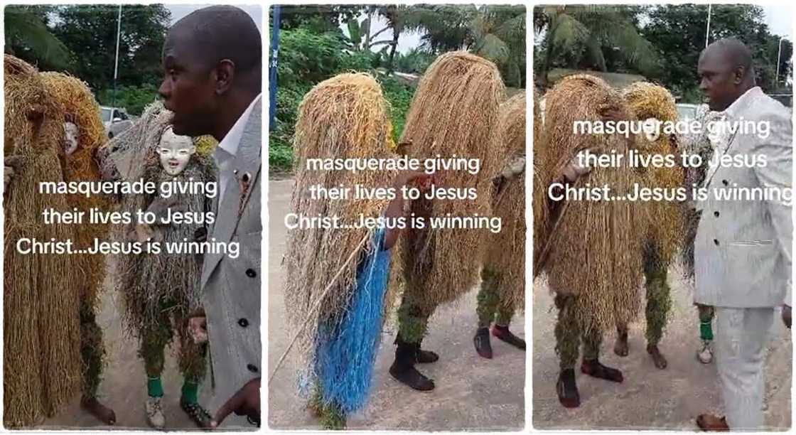 Photos of a man preaching to masquerades. Photos of a man preaching to masquerades.
