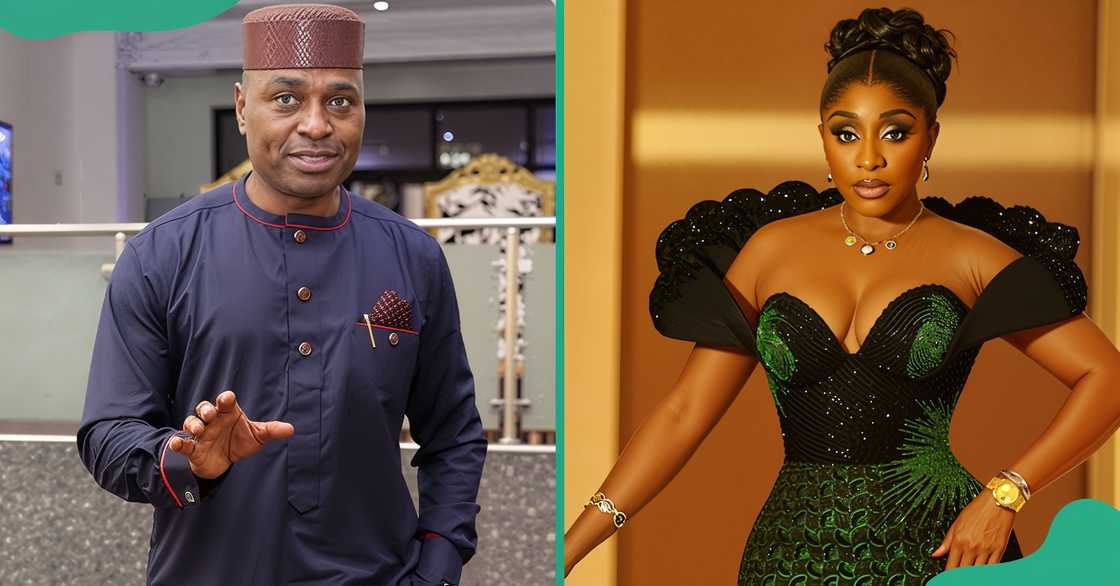 Kenneth Okonkwo gestures as he speaks. Ini Edo poses in an elaborate traditional gown.